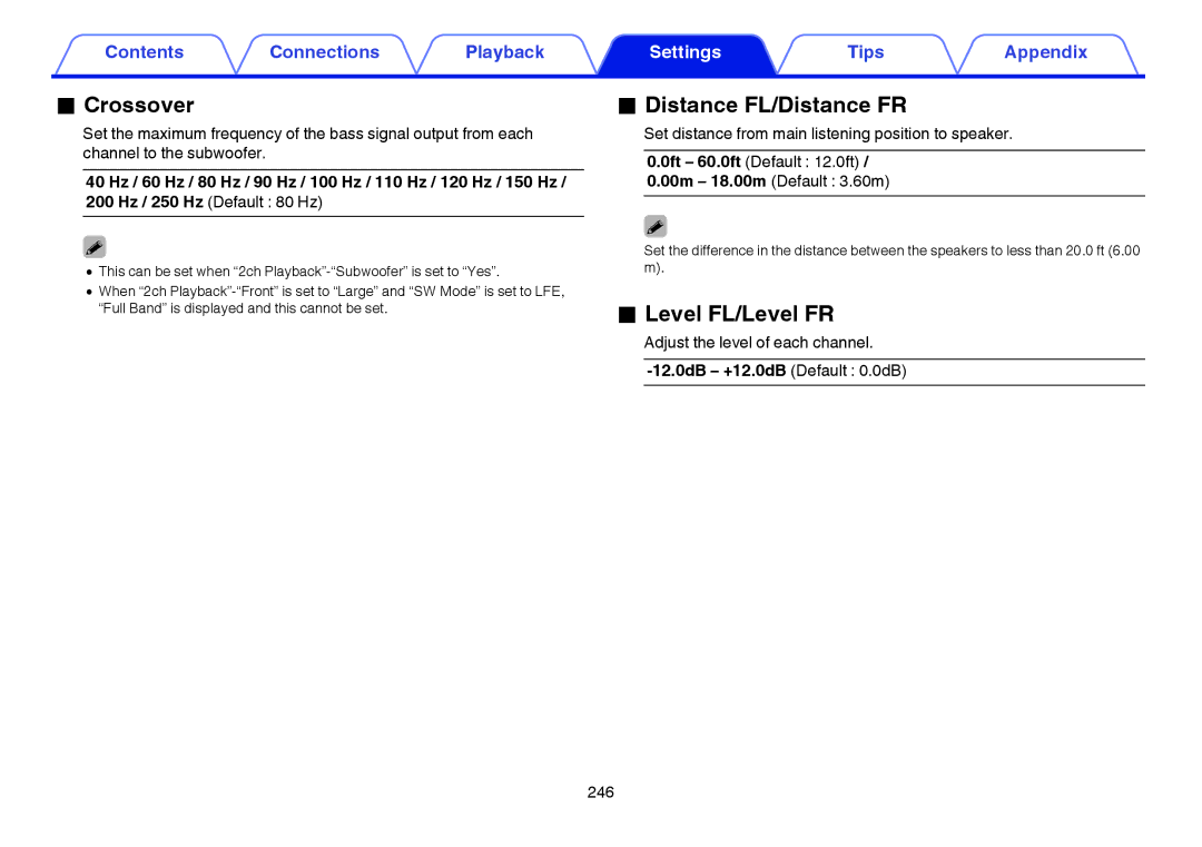 Marantz SR7009 owner manual Crossover, Distance FL/Distance FR, Level FL/Level FR, Adjust the level of each channel 