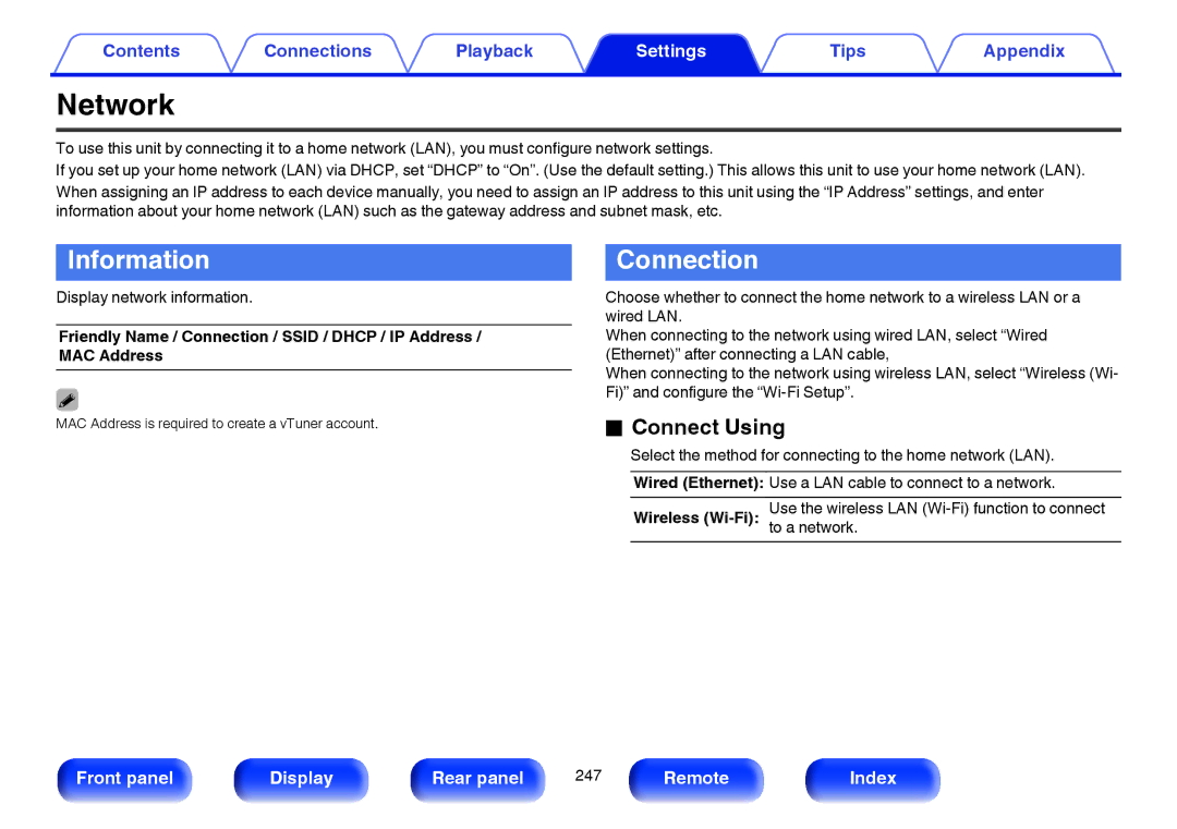 Marantz SR7009 owner manual Network, Information, Connection, Connect Using 