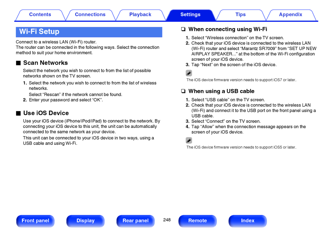 Marantz SR7009 owner manual Wi-Fi Setup, Scan Networks, Use iOS Device, When connecting using Wi-Fi, When using a USB cable 