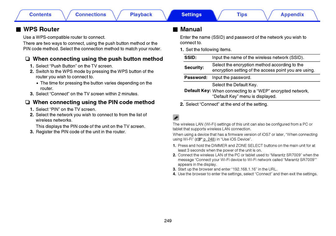 Marantz SR7009 WPS Router, Manual, When connecting using the push button method, When connecting using the PIN code method 