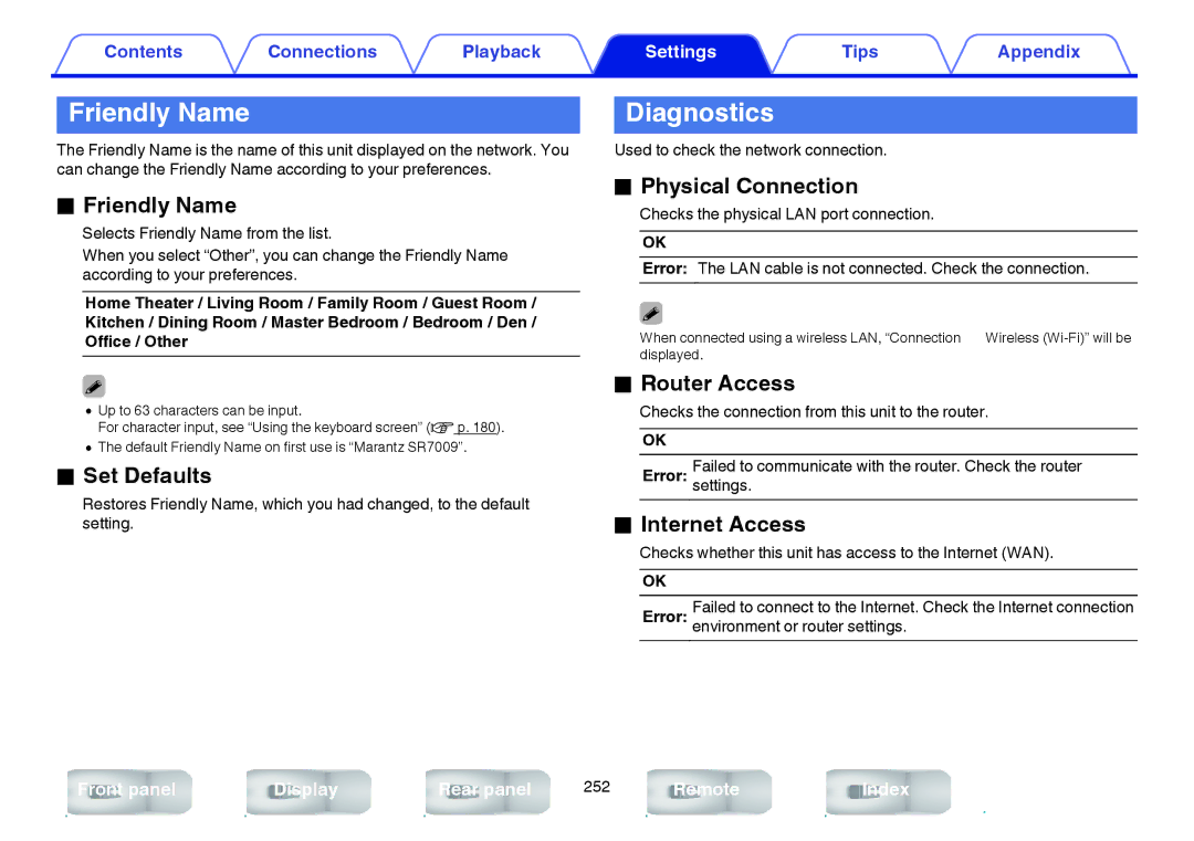 Marantz SR7009 owner manual Friendly Name, Diagnostics 