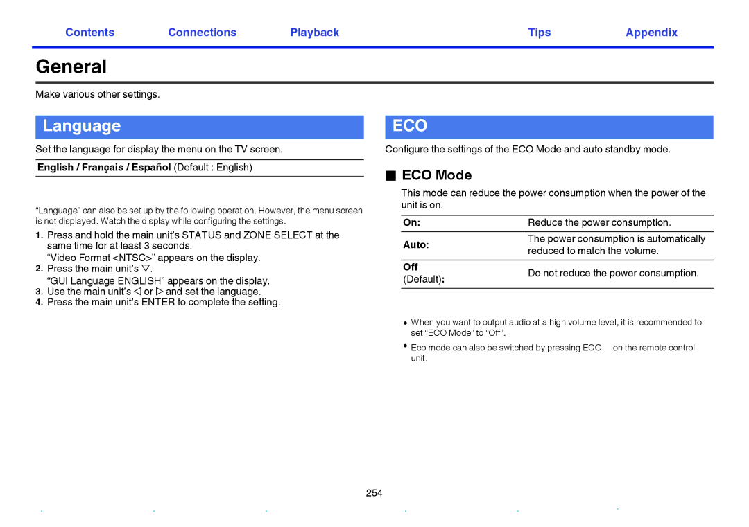 Marantz SR7009 owner manual General, Language, ECO Mode 