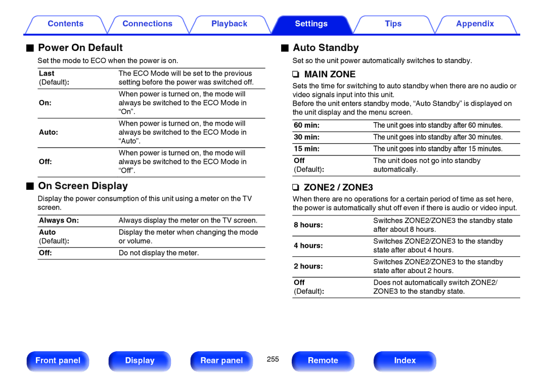 Marantz SR7009 owner manual Power On Default, On Screen Display, Auto Standby, Main Zone, ZONE2 / ZONE3 