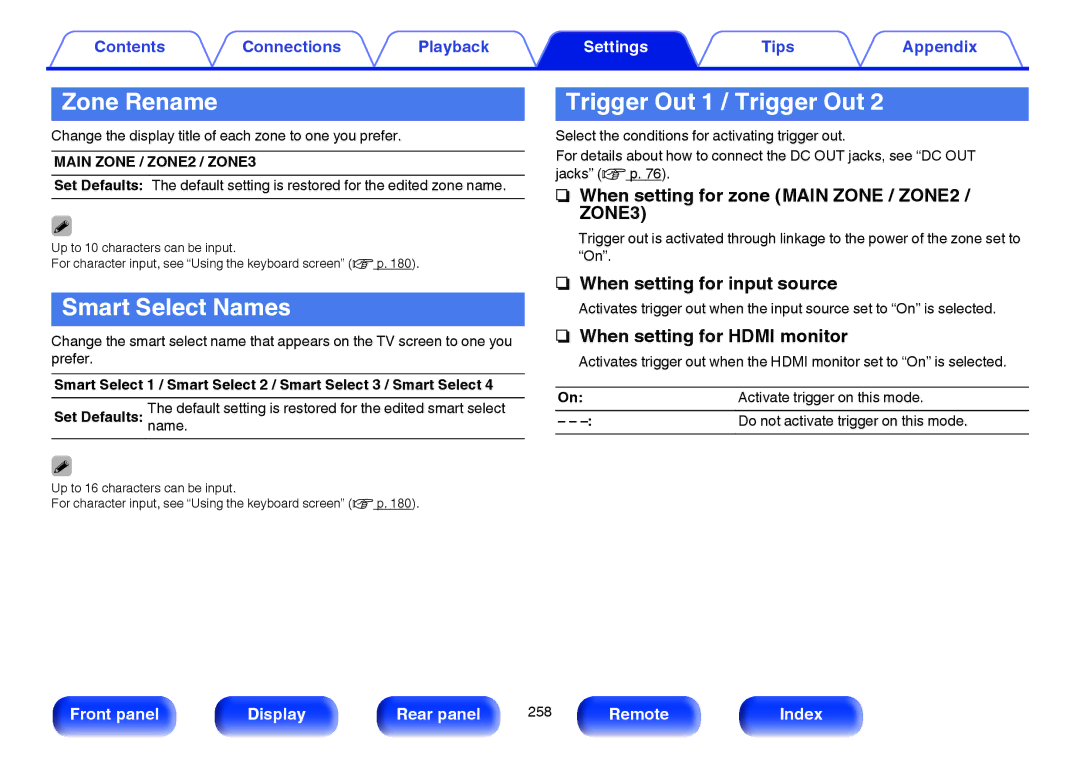 Marantz SR7009 owner manual Zone Rename, Smart Select Names, Trigger Out 1 / Trigger Out 