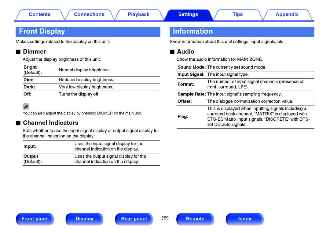 Marantz SR7009 owner manual Front Display Information, Dimmer, Channel Indicators, Audio 