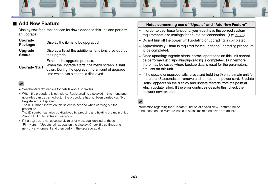 Marantz SR7009 owner manual Add New Feature, Upgrade Display the items to be upgraded Package, Status Upgrade 