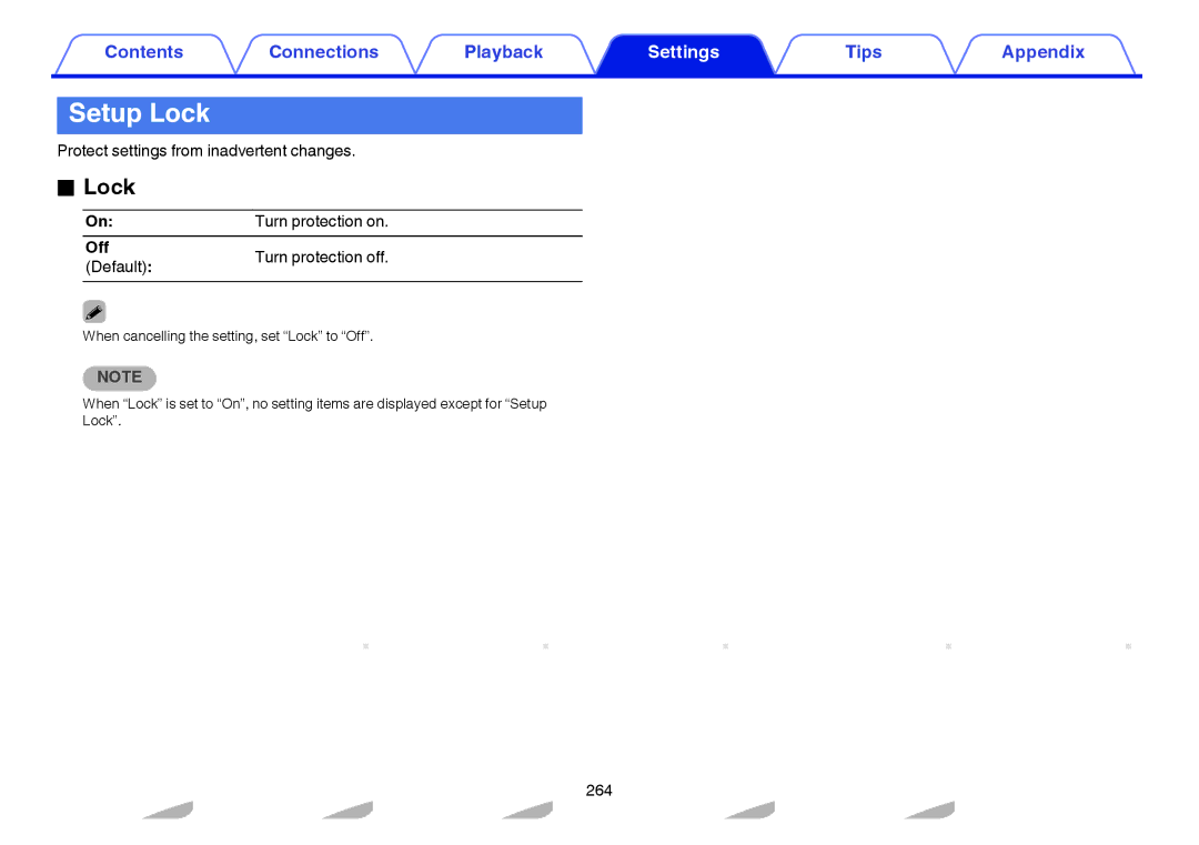 Marantz SR7009 Setup Lock, Protect settings from inadvertent changes, Turn protection on, Off Turn protection off Default 
