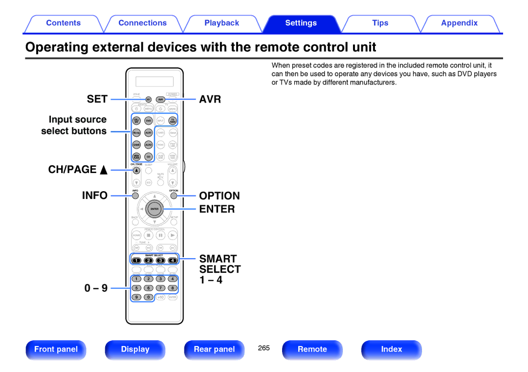 Marantz SR7009 owner manual Operating external devices with the remote control unit, Info Option Enter Smart 