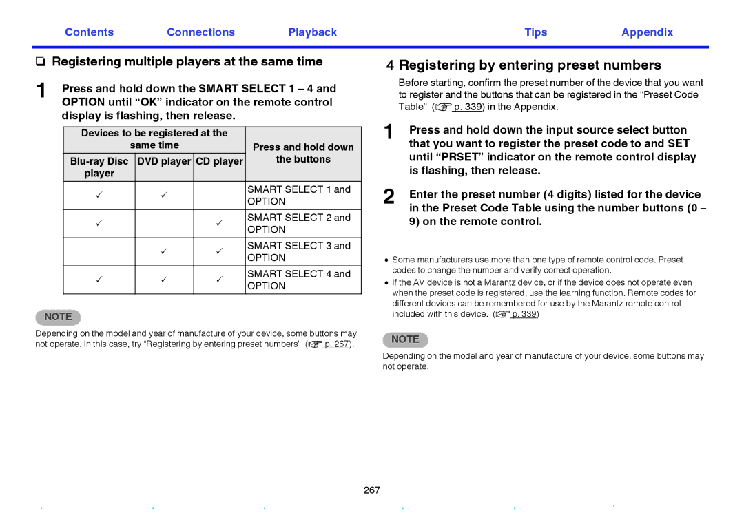 Marantz SR7009 owner manual Registering by entering preset numbers, Registering multiple players at the same time 