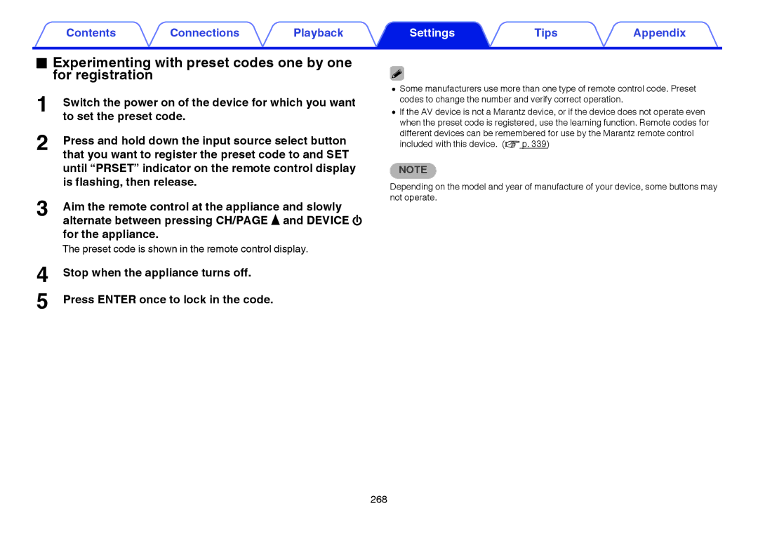 Marantz SR7009 owner manual Experimenting with preset codes one by one for registration 