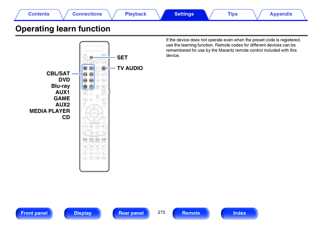 Marantz SR7009 owner manual Operating learn function, Blu-ray 