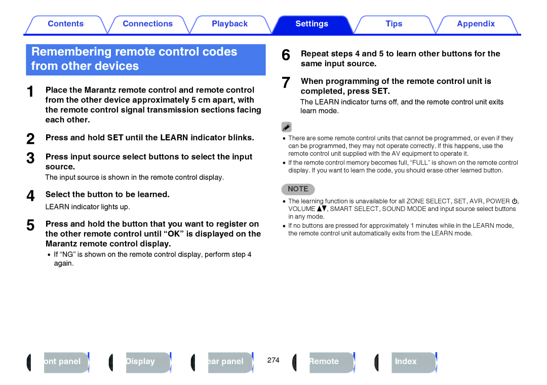 Marantz SR7009 owner manual Remembering remote control codes from other devices, Select the button to be learned 