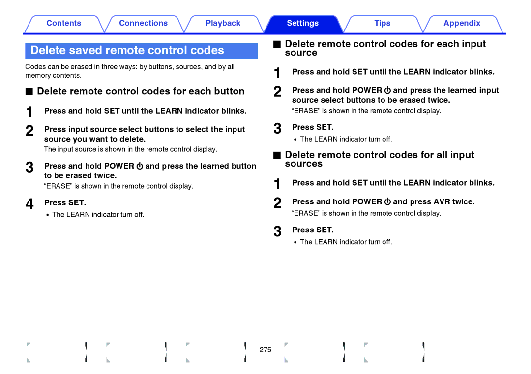 Marantz SR7009 owner manual Delete saved remote control codes, Delete remote control codes for each button, Press SET 