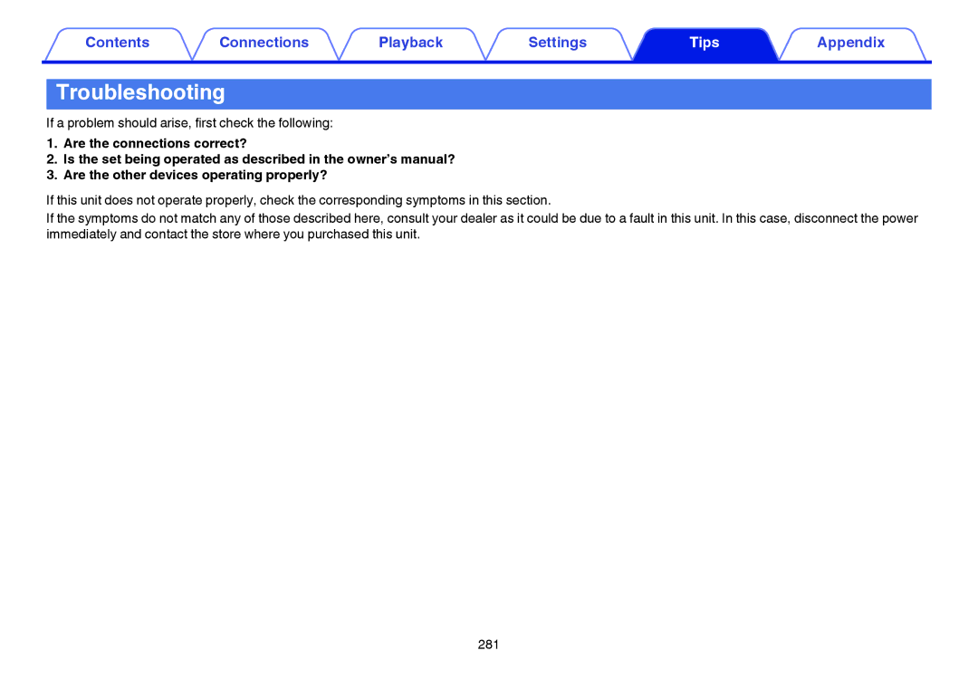 Marantz SR7009 owner manual Troubleshooting, If a problem should arise, first check the following 