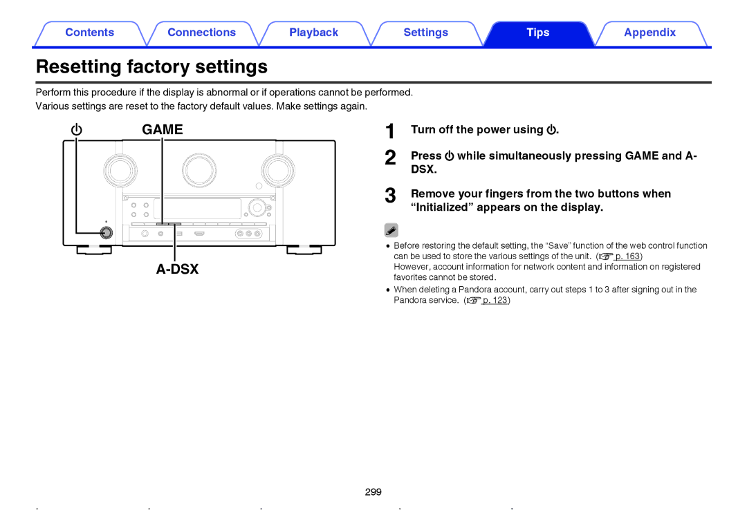 Marantz SR7009 owner manual Resetting factory settings, Game DSX 