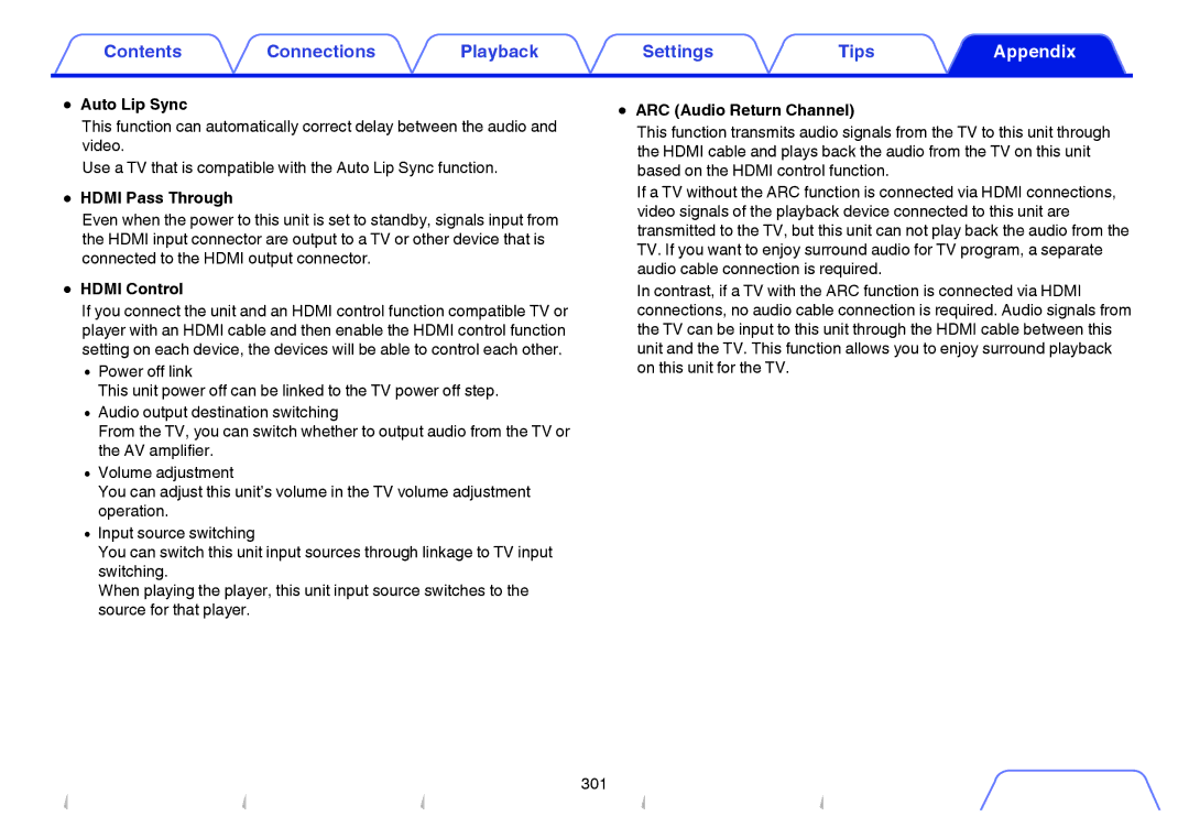 Marantz SR7009 owner manual Auto Lip Sync, Hdmi Pass Through, Hdmi Control, ARC Audio Return Channel 