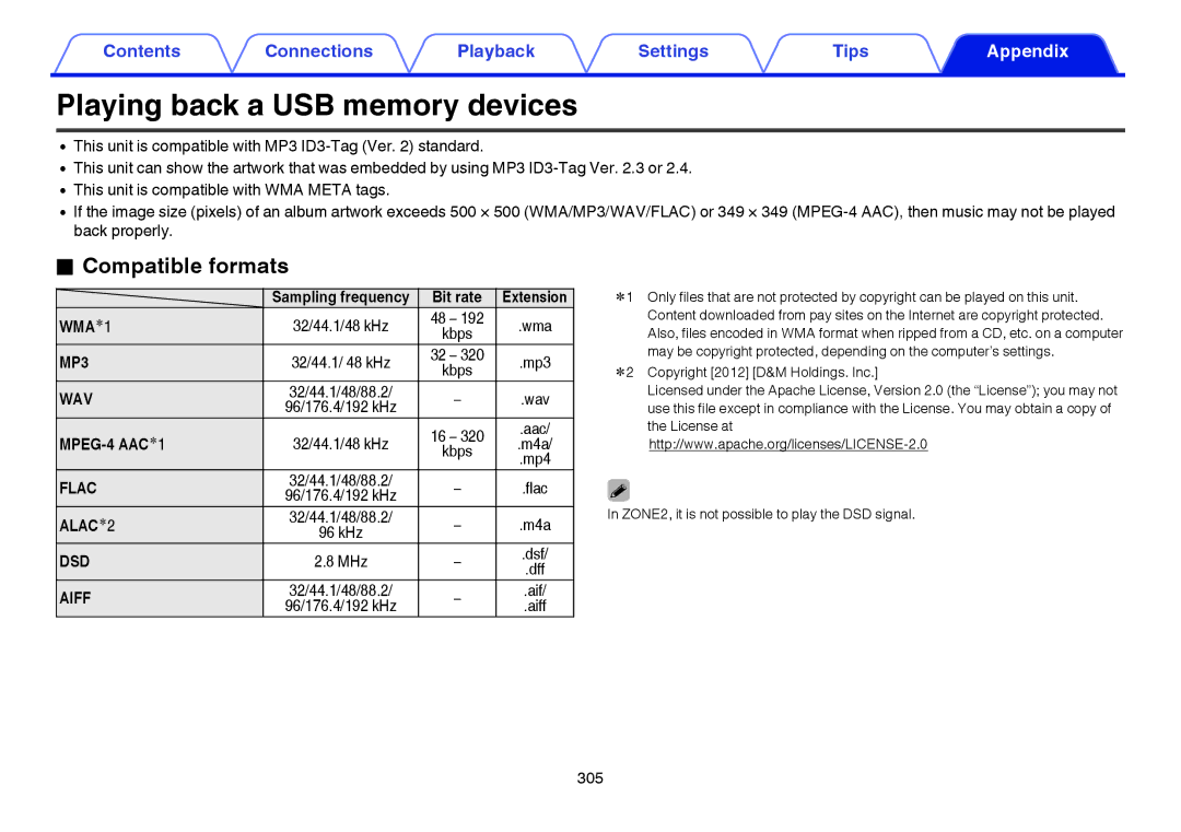 Marantz SR7009 owner manual Playing back a USB memory devices, Compatible formats, Bit rate, MP3, Wav 