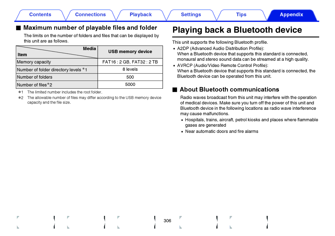 Marantz SR7009 Playing back a Bluetooth device, Maximum number of playable files and folder, Media USB memory device 