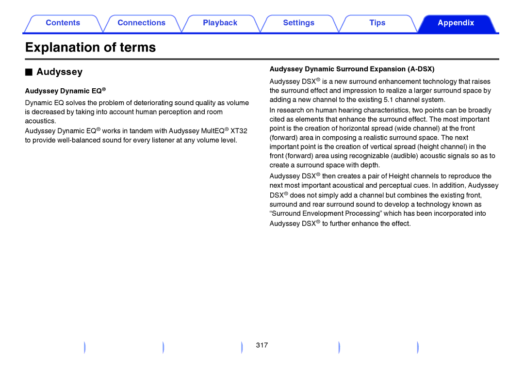 Marantz SR7009 owner manual Explanation of terms, Audyssey Dynamic EQ, Audyssey Dynamic Surround Expansion A-DSX 