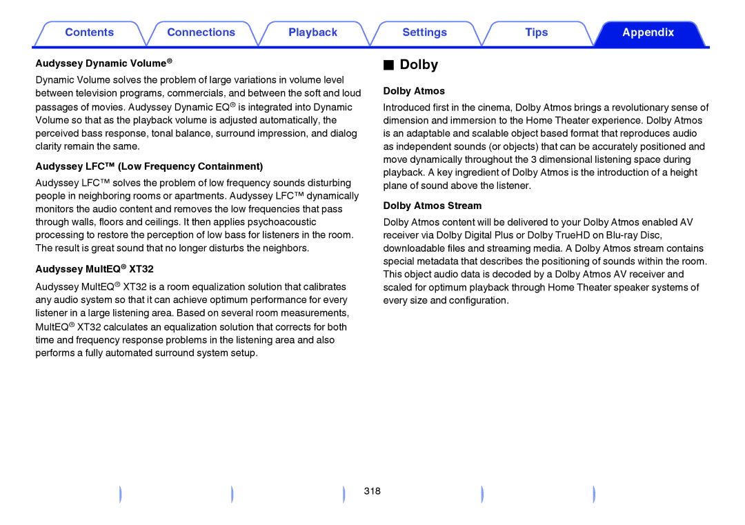 Marantz SR7009 owner manual Dolby, Audyssey Dynamic Volume, Audyssey LFC Low Frequency Containment, Audyssey MultEQ XT32 