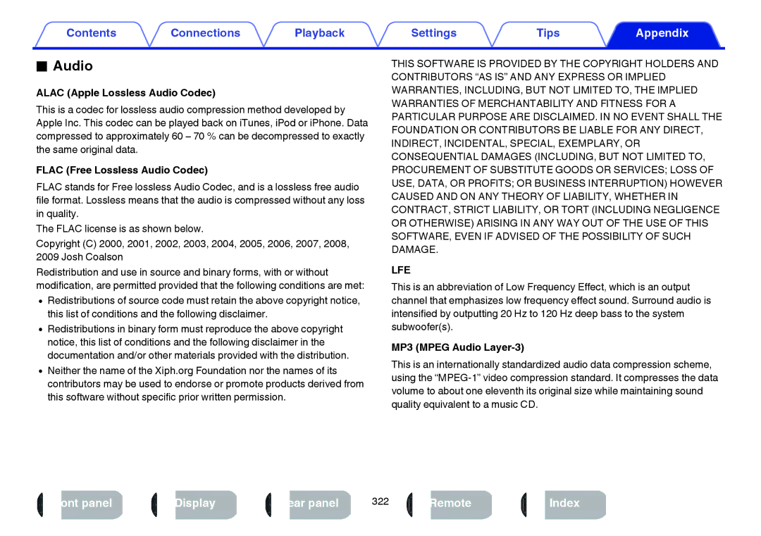 Marantz SR7009 owner manual Alac Apple Lossless Audio Codec, Flac Free Lossless Audio Codec, MP3 Mpeg Audio Layer-3 