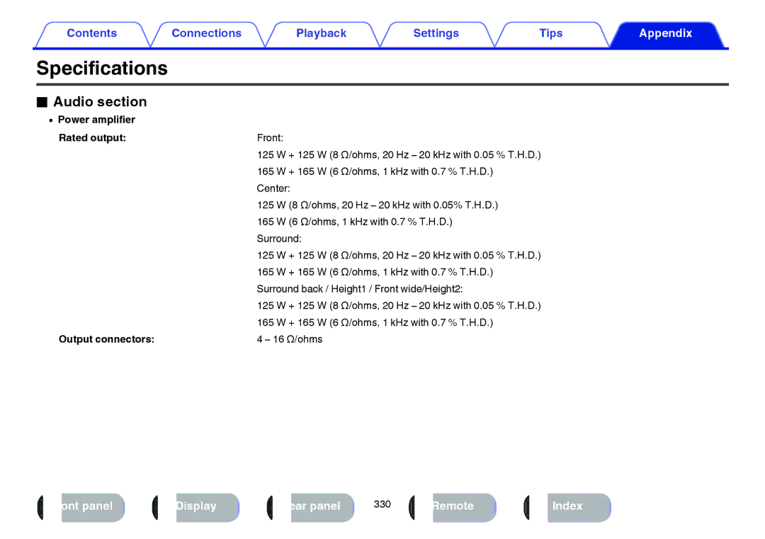 Marantz SR7009 owner manual Specifications, Audio section, Power amplifier Rated output, Output connectors 