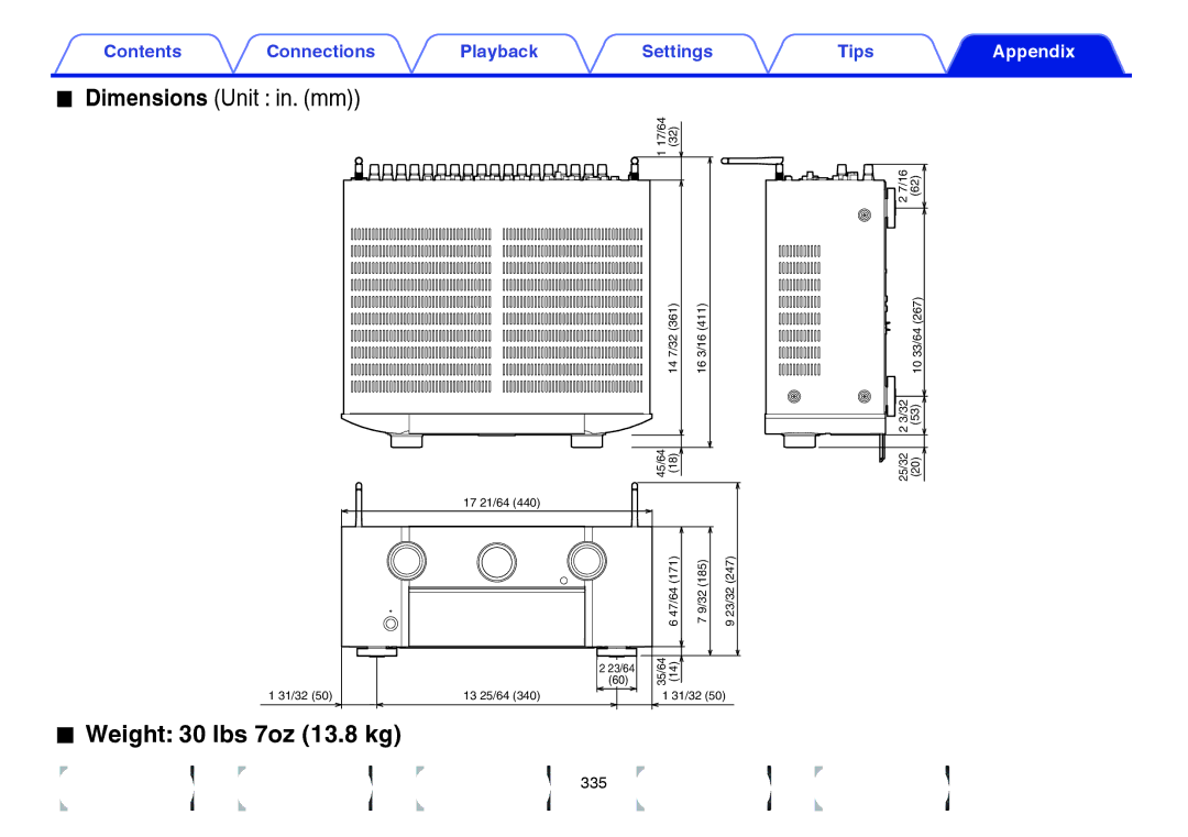 Marantz SR7009 owner manual Weight 30 lbs 7oz 13.8 kg 