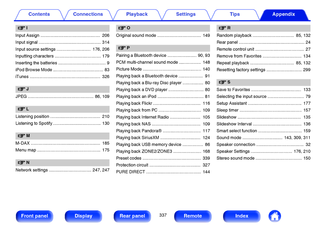 Marantz SR7009 314, 179, 326, Listening position 210, Menu map 175, 149, Pairing a Bluetooth device, 148, 339, 299, 177 