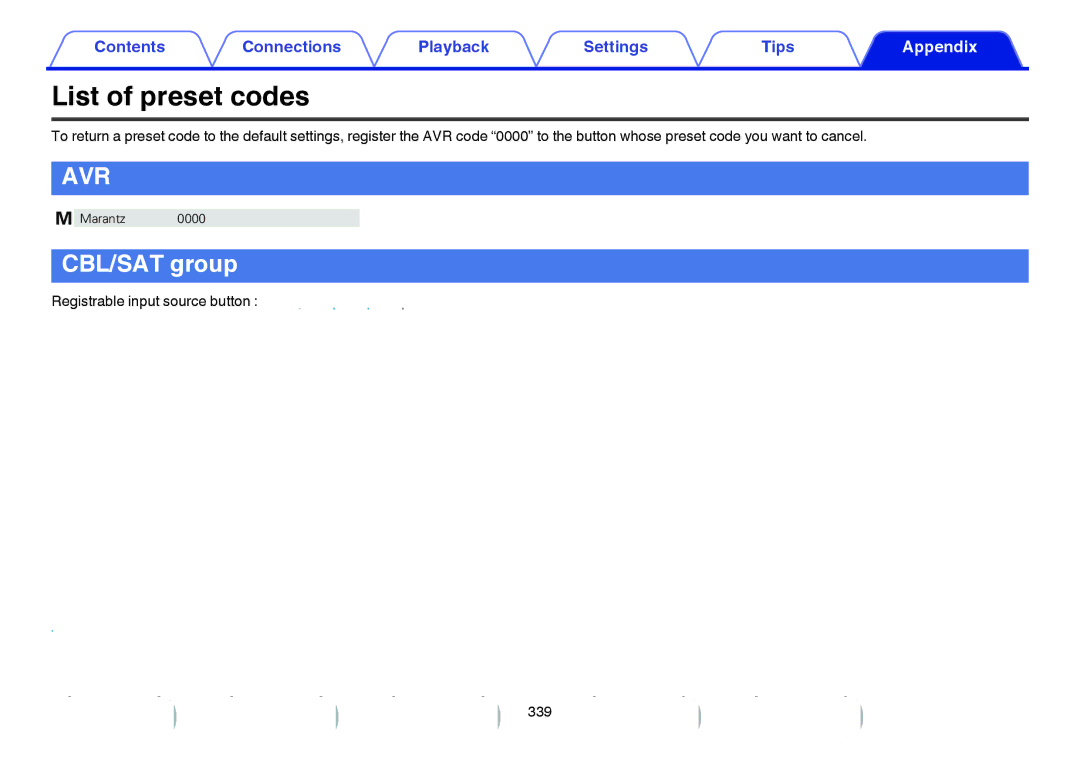 Marantz SR7009 owner manual List of preset codes, CBL/SAT group, Registrable input source button 