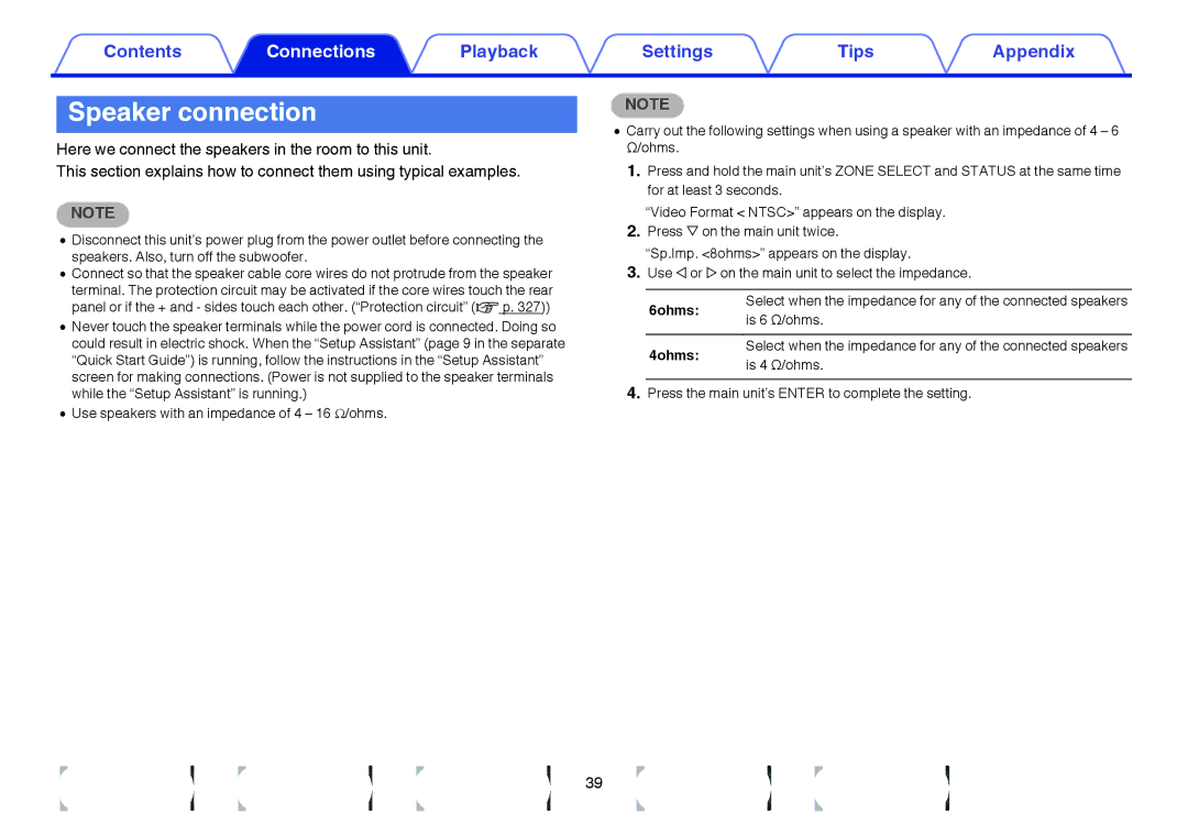 Marantz SR7009 owner manual Speaker connection, 4ohms 