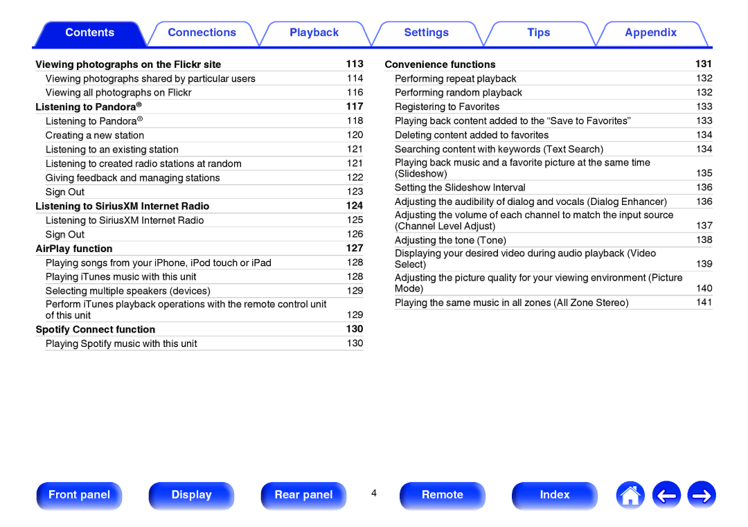 Marantz SR7009 owner manual Viewing photographs on the Flickr site 113, Listening to Pandora 117, AirPlay function 127 