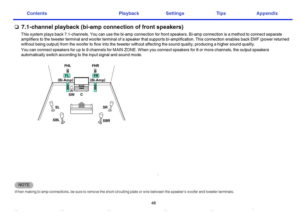Marantz SR7009 owner manual Channel playback bi-amp connection of front speakers, Sbr Sr Sl Sbr Sbl Fhr Fhl 