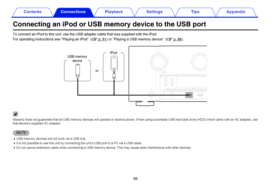 Marantz SR7009 owner manual Connecting an iPod or USB memory device to the USB port, USB memory Device IPod 