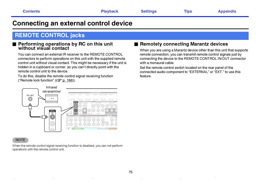 Marantz SR7009 Connecting an external control device, Remote Control jacks, Remotely connecting Marantz devices 