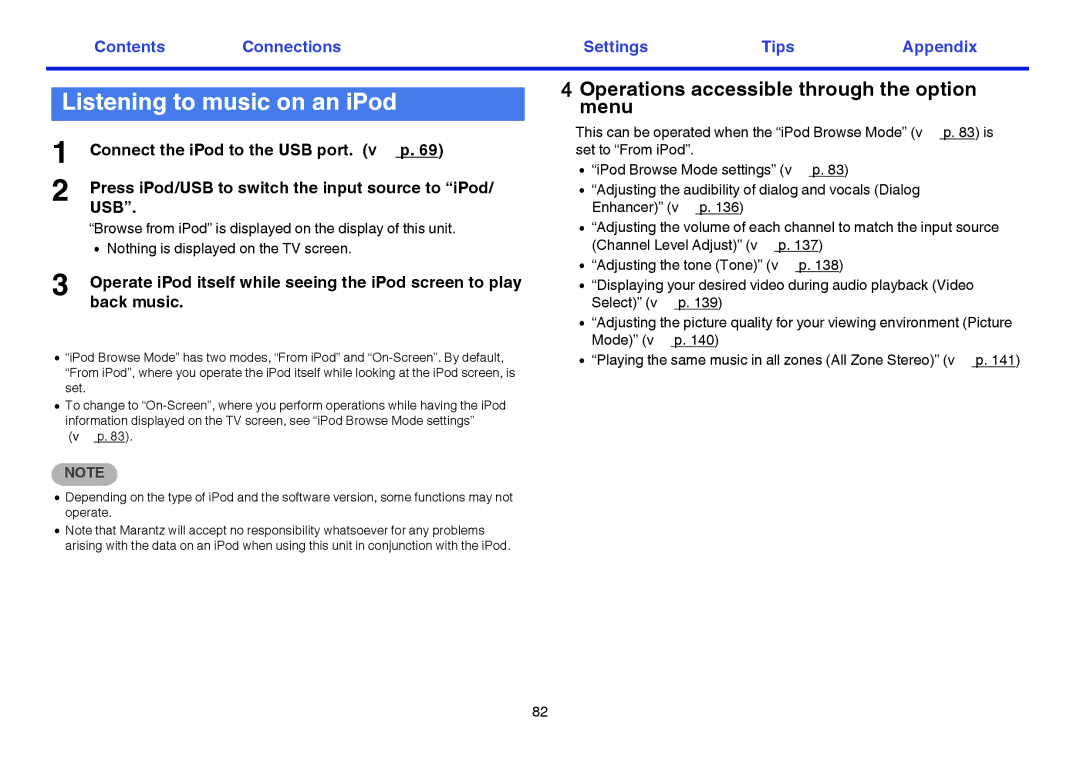 Marantz SR7009 owner manual Listening to music on an iPod, Operations accessible through the option menu 