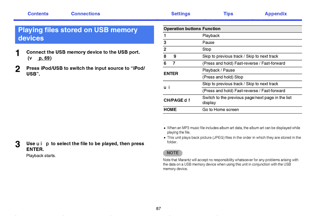 Marantz SR7009 owner manual Playing files stored on USB memory devices, Operation buttons Function 