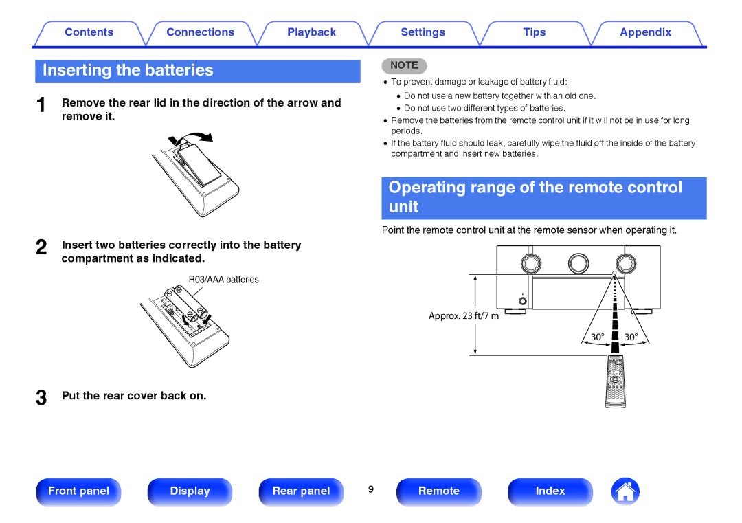 Marantz SR7009 owner manual Inserting the batteries, Operating range of the remote control unit, Put the rear cover back on 