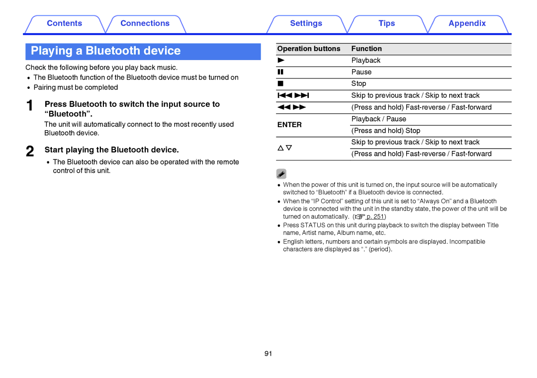 Marantz SR7009 owner manual Playing a Bluetooth device, Start playing the Bluetooth device, Control of this unit, Playback 