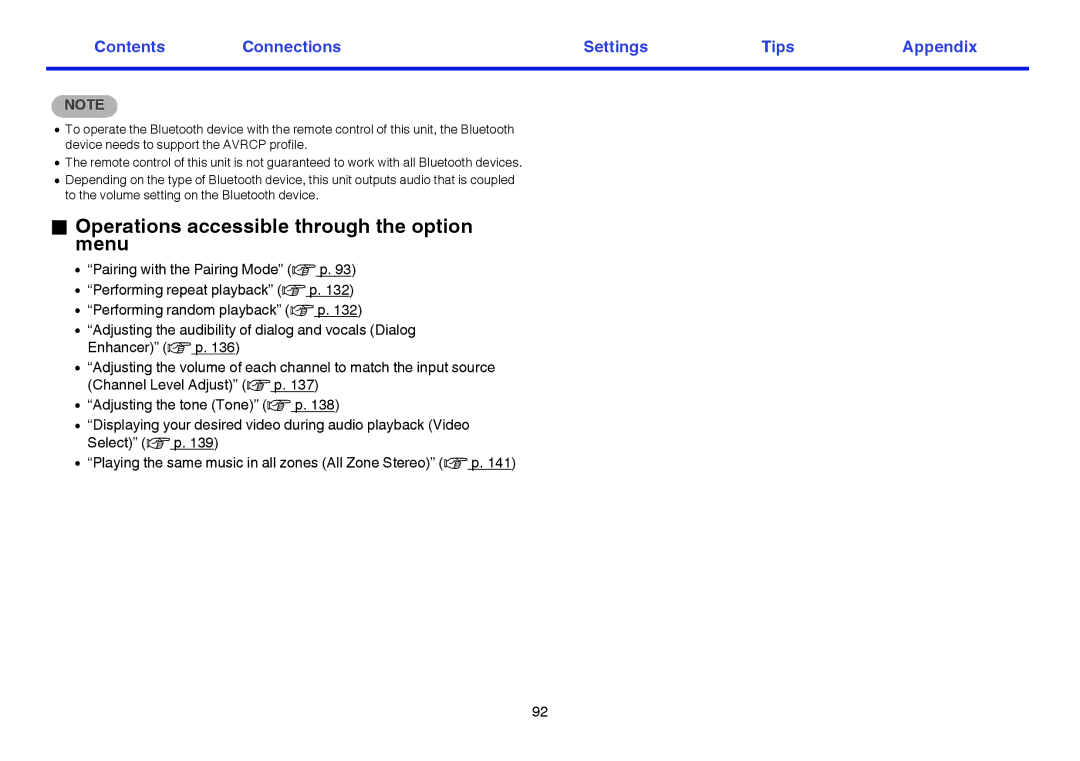 Marantz SR7009 owner manual Operations accessible through the option menu 