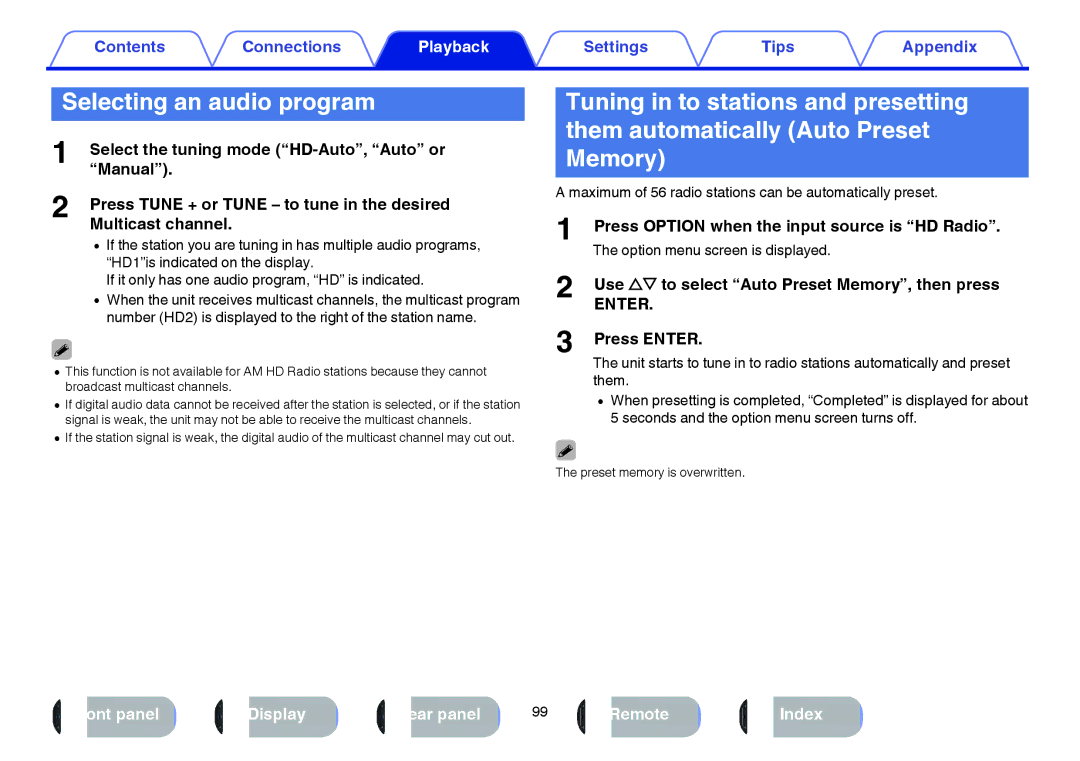 Marantz SR7009 owner manual Selecting an audio program, Use ui to select Auto Preset Memory, then press 