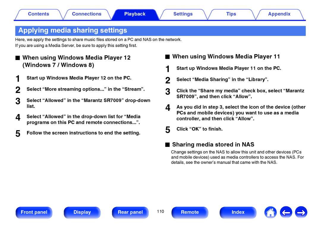 Marantz SR7009 Applying media sharing settings, oWhen using Windows Media Player, oSharing media stored in NAS, Contents 