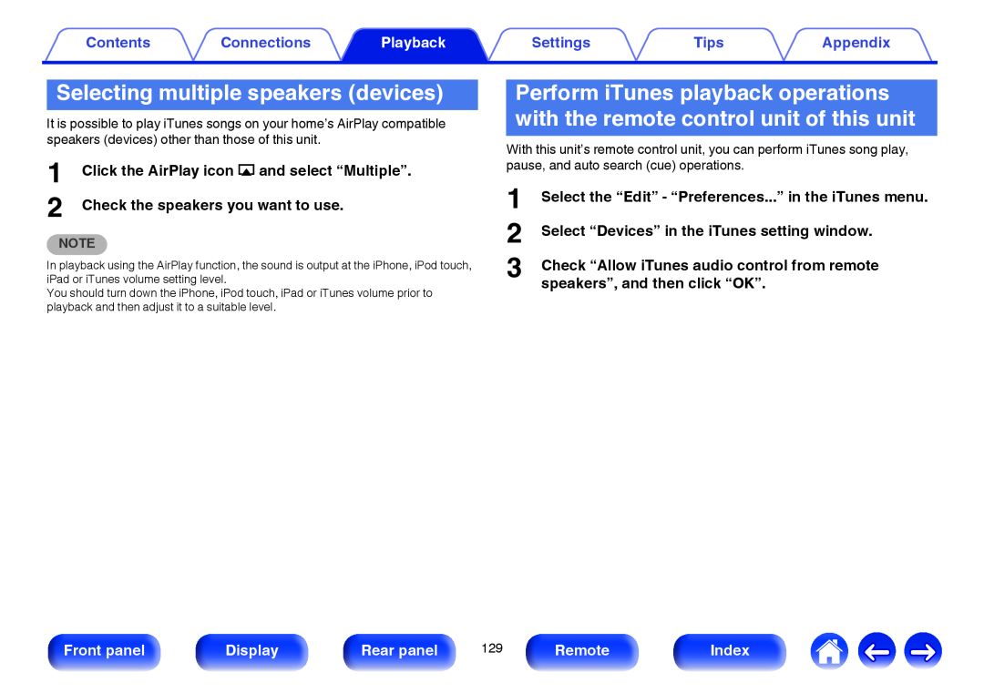 Marantz SR7009 Selecting multiple speakers devices, Contents, Connections, Playback, Settings, Tips, Appendix, Front panel 