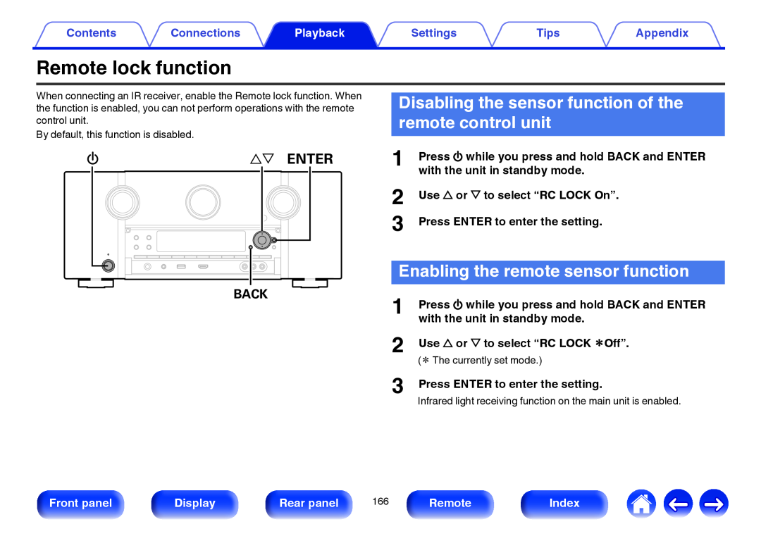 Marantz SR7009 Remote lock function, Enabling the remote sensor function, ui ENTER, Contents, Connections, Playback, Tips 