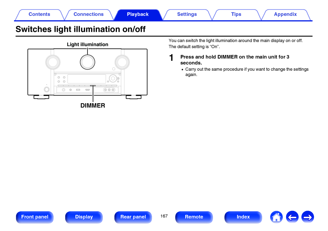 Marantz SR7009 owner manual Switches light illumination on/off, Dimmer, Front panel, Display, Rear panel, Remote, Index 