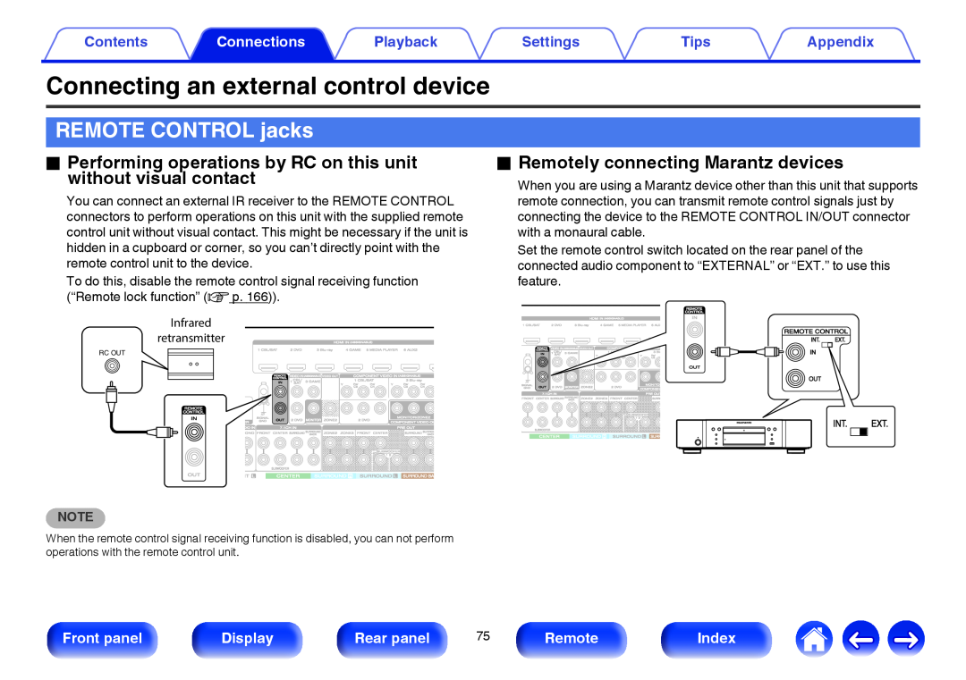 Marantz SR7009 Connecting an external control device, REMOTE CONTROL jacks, oRemotely connecting Marantz devices, Contents 