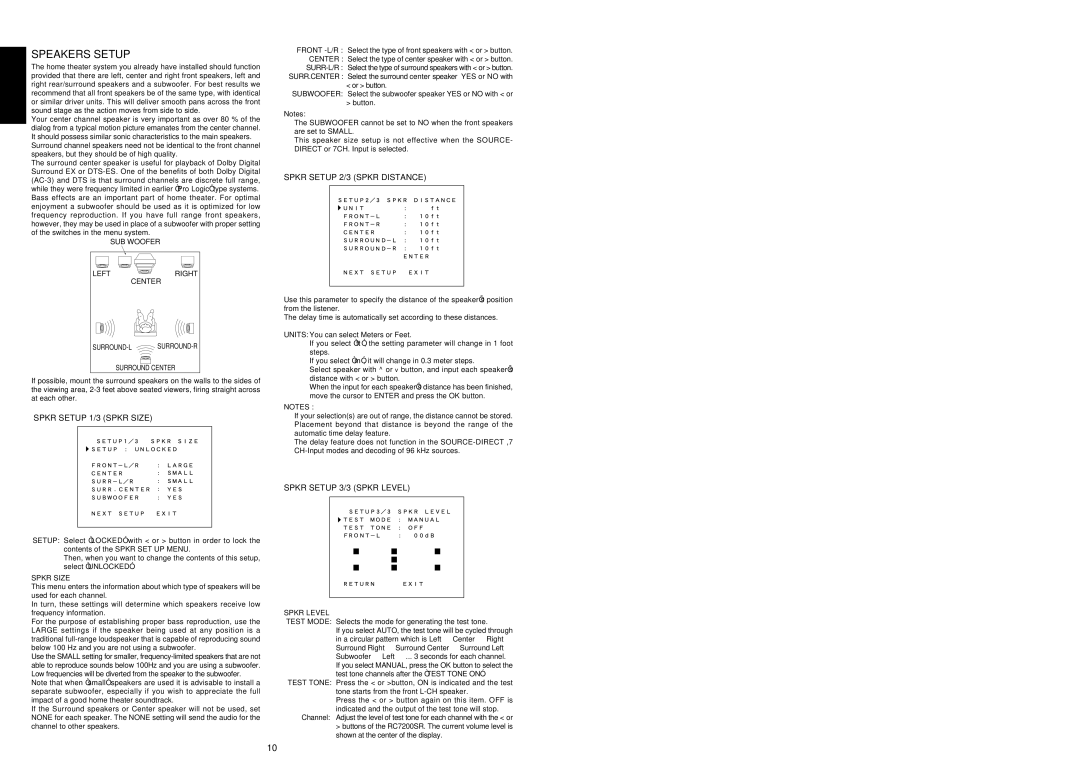 Marantz SR7200 manual Speakers Setup, Spkr Setup 2/3 Spkr Distance, Spkr Setup 1/3 Spkr Size, Spkr Setup 3/3 Spkr Level 