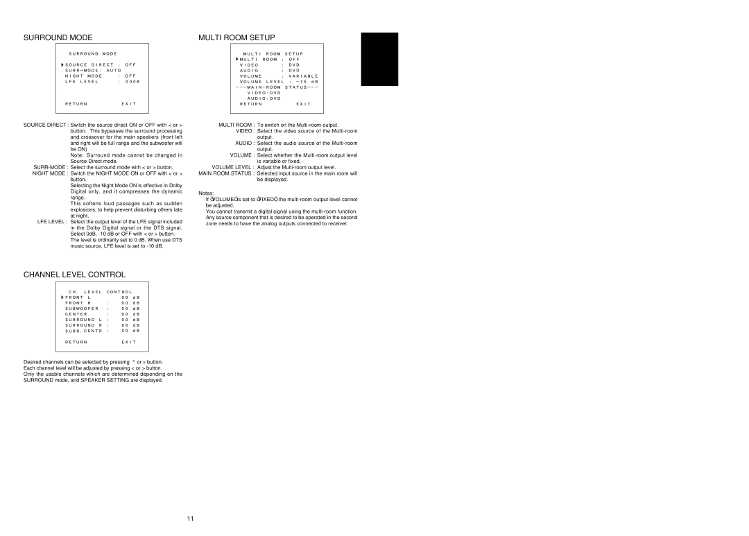 Marantz SR7200 manual Surround Mode Multi Room Setup, Channel Level Control 