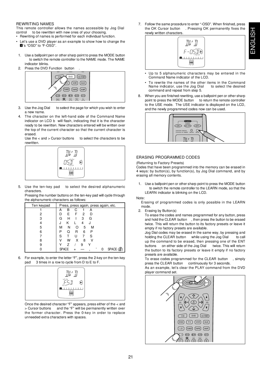 Marantz SR7200 manual Rewriting Names, Erasing Programmed Codes, Returning to Factory Presets, Erasing by Buttons 