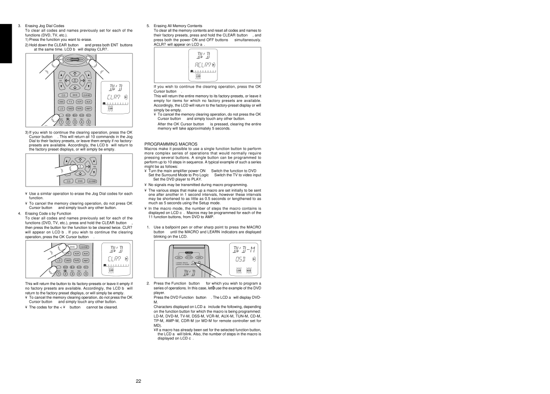 Marantz SR7200 manual Programming Macros, Erasing Jog Dial Codes, Erasing Code s by Function, Erasing All Memory Contents 