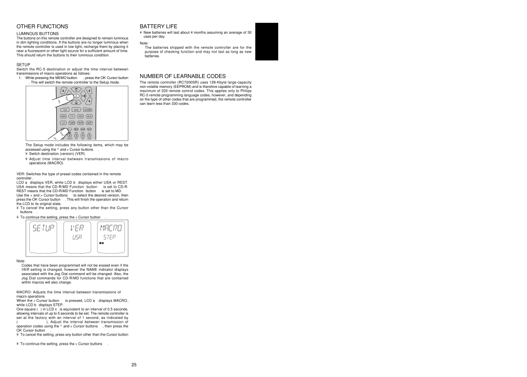 Marantz SR7200 manual Other Functions, Battery Life, Number of Learnable Codes, Setup 